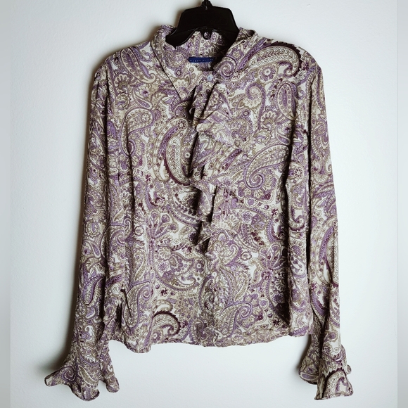 Karen Scott Ruffle Front Bell Sleeves Paisley Button Down Blouse, Sz L - Picture 2 of 9